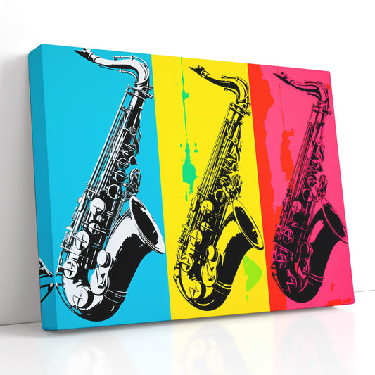 Lively Blue, Yellow and Pink Pop Art Saxophone Trio - Canvas Print - Artoholica Ready to Hang Canvas Print